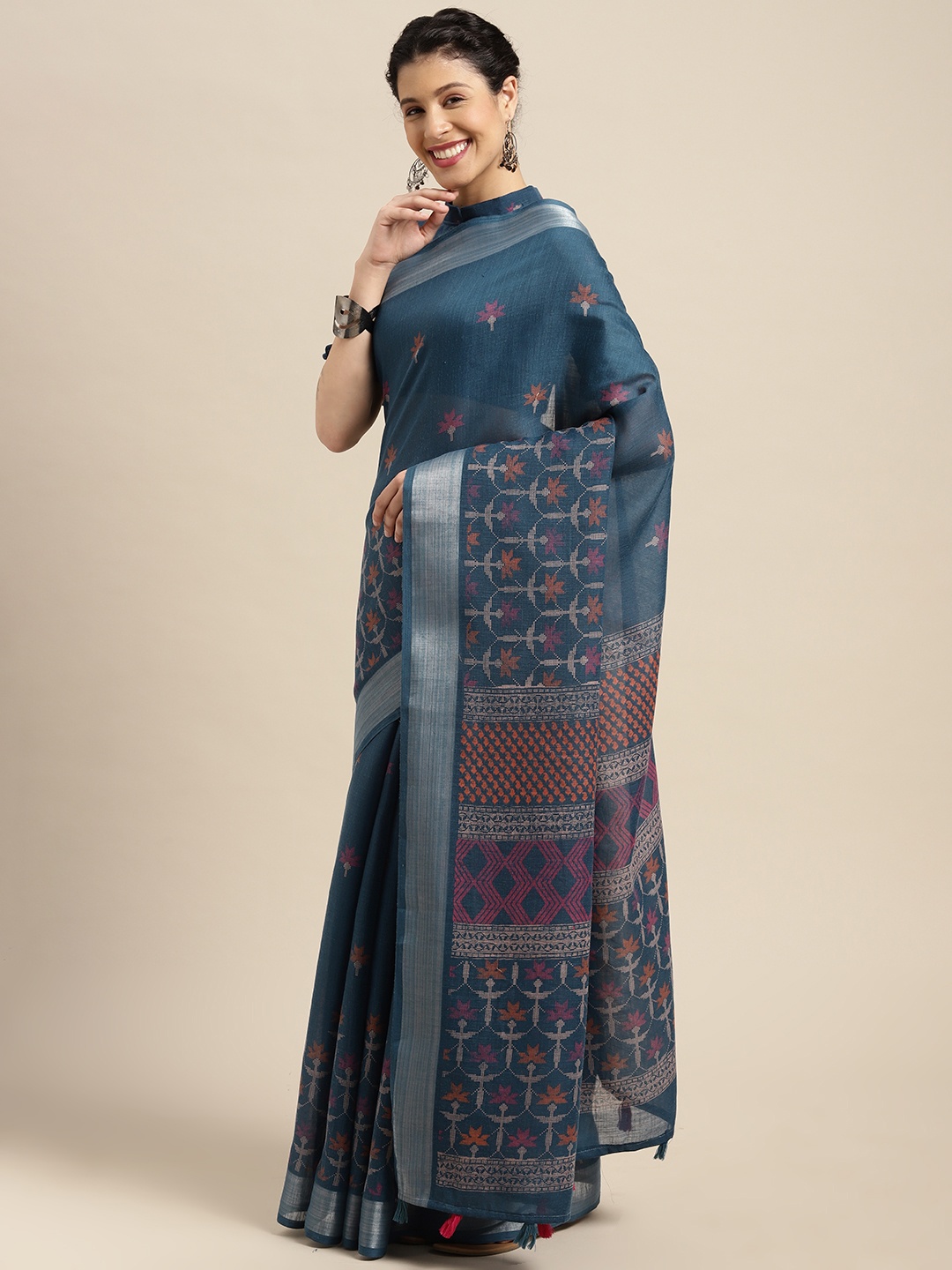 

Satrani Teal & Pink Ethnic Motifs Zari Pure Cotton Saree