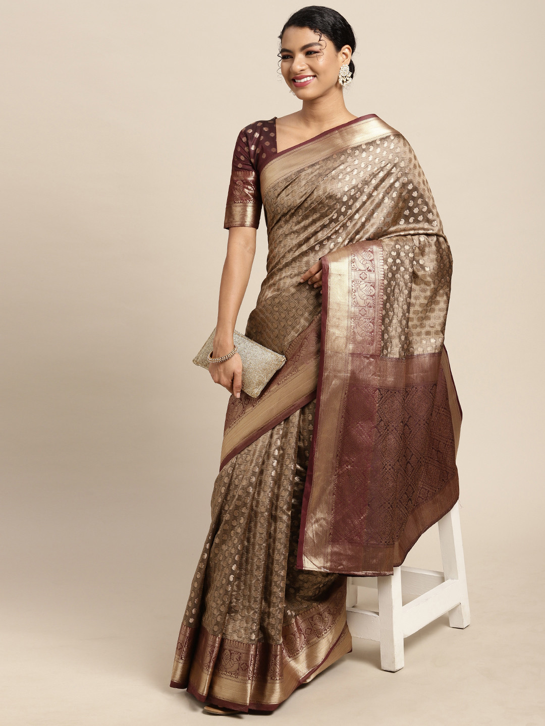 

Mitera Women Beige & Gold-Toned Ethnic Motifs Woven Design Kanjeevaram Saree