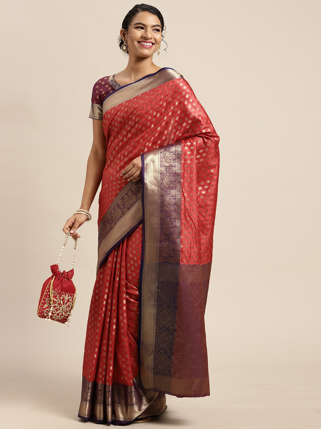 

Mitera Red & Gold-Toned Ethnic Motifs Woven Design Kanjeevaram Saree