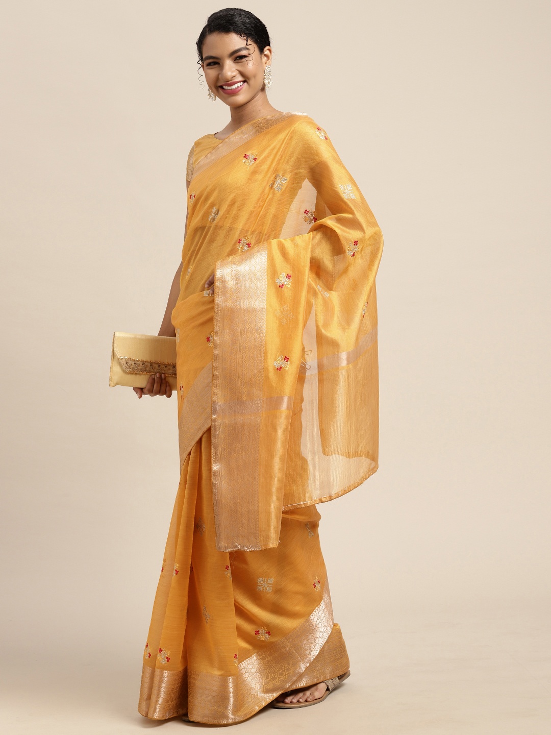 

Mitera Yellow & Gold-Toned Floral Embroidered Banarasi Saree