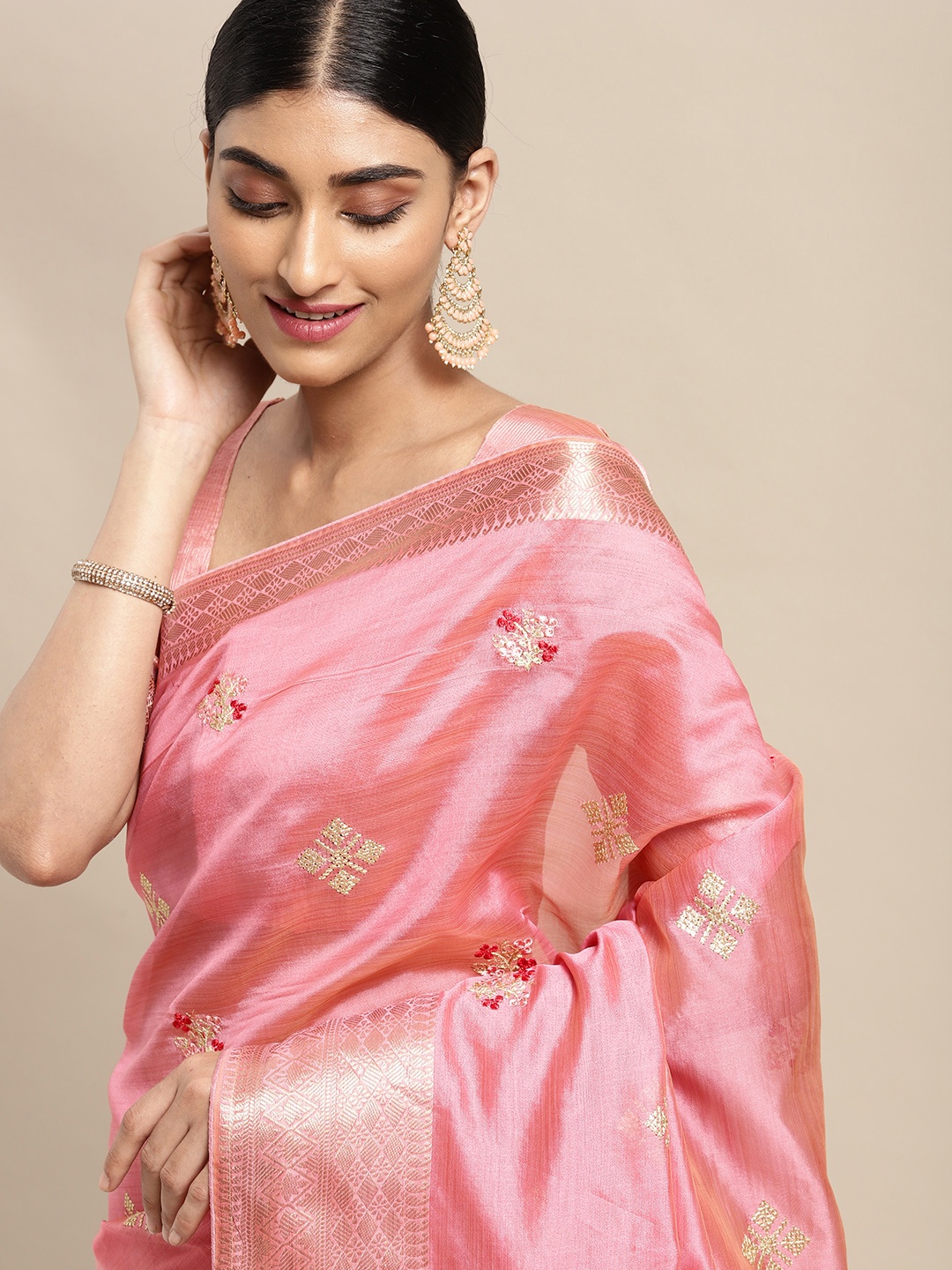 

Mitera Pink & Golden Ethnic Motifs Banarasi Saree