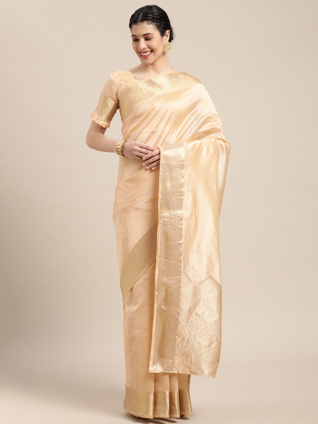 

Mitera Cream-Coloured & Gold-Toned Zari Banarasi Saree