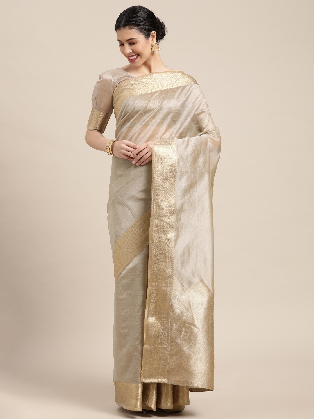 

Mitera Taupe & Gold-Toned Zari Banarasi Saree