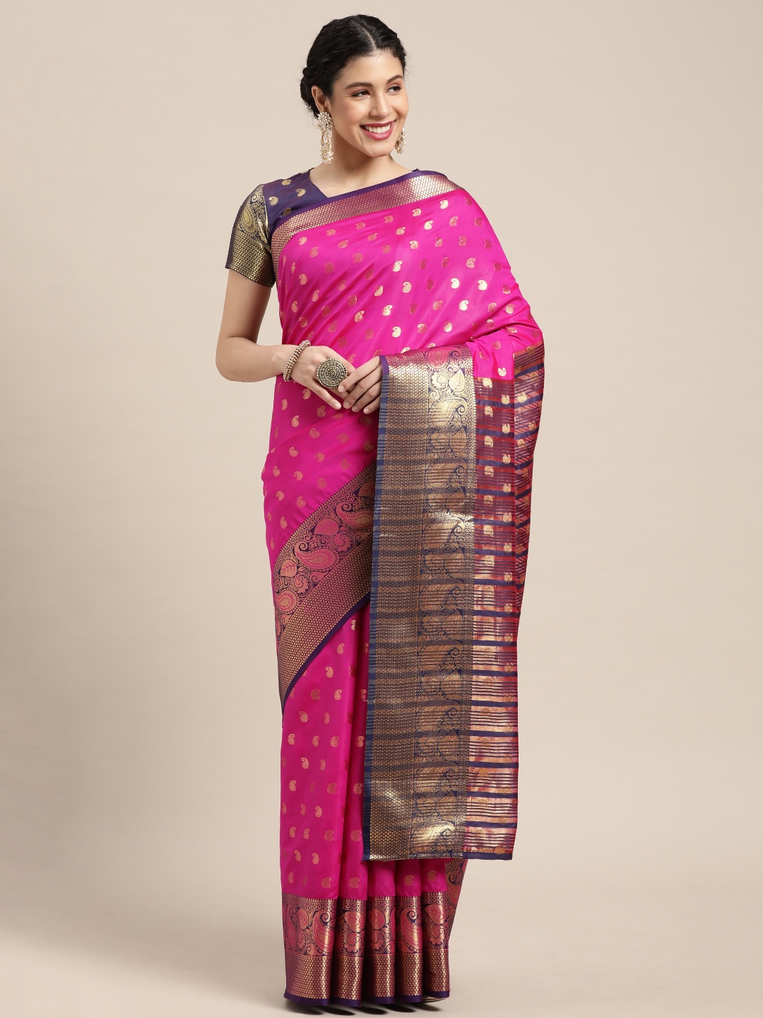 

Mitera Pink & Navy Blue Paisley Zari Banarasi Saree