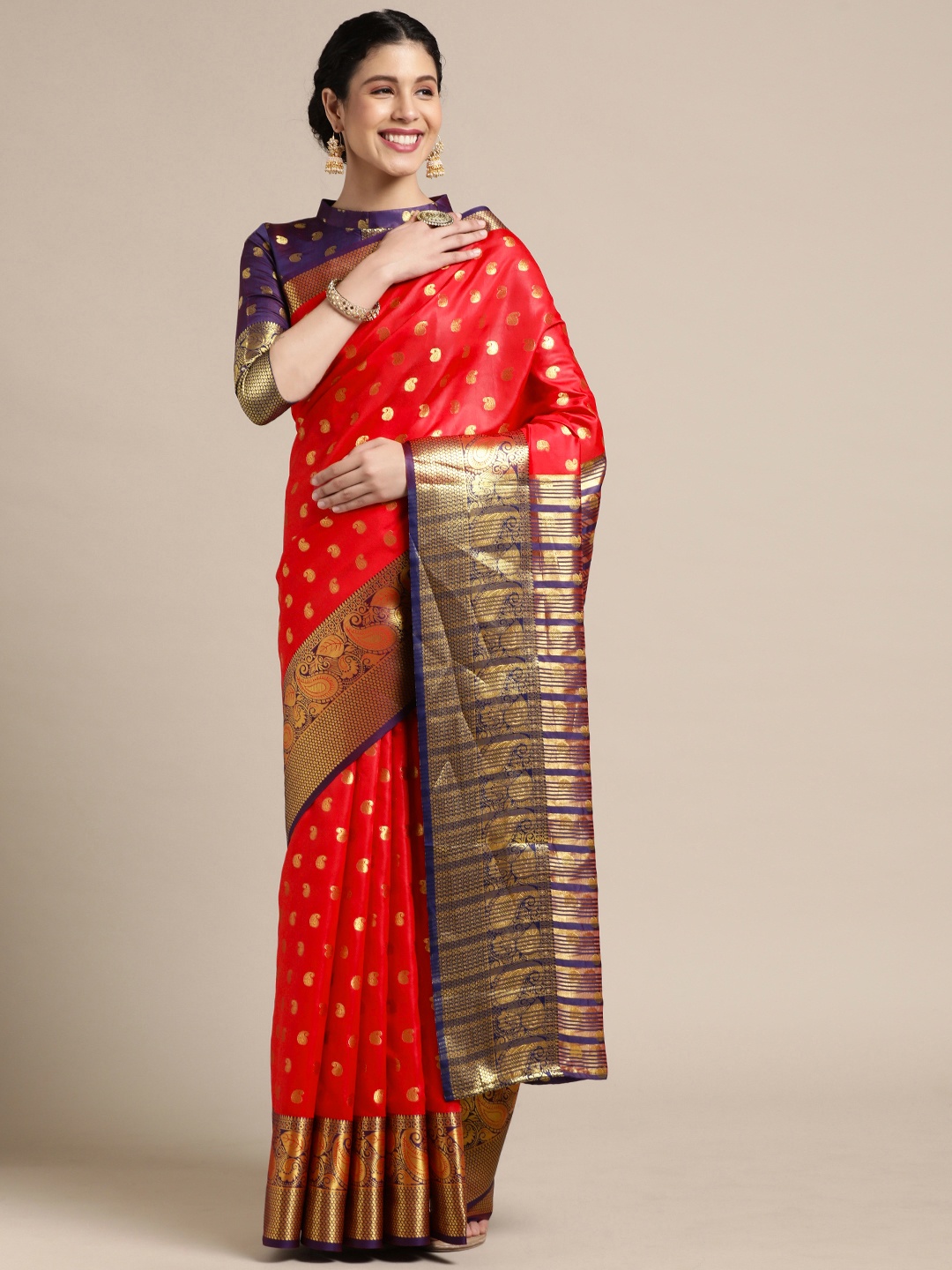 

Mitera Red & Purple Paisley Zari Banarasi Saree