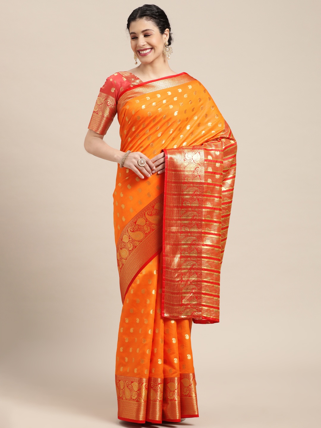 

Mitera Orange & Red Paisley Zari Banarasi Saree