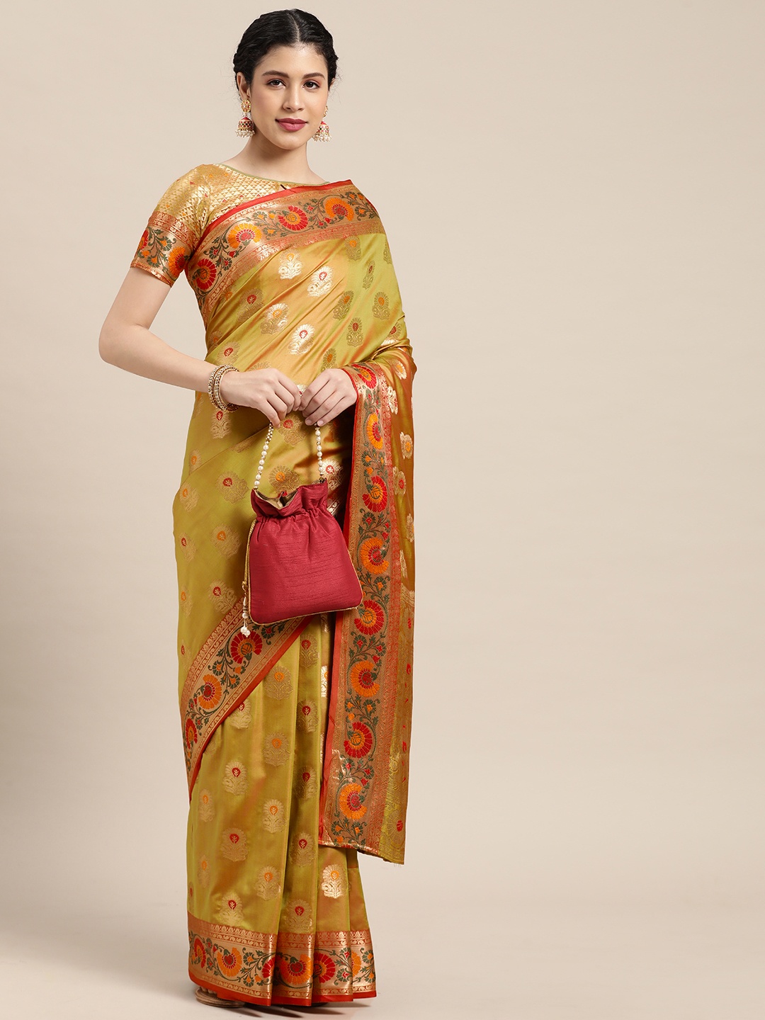 

Mitera Olive Green & Gold-Toned Ethnic Motifs Zari Banarasi Saree