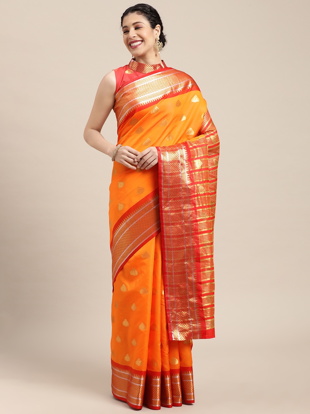 

Mitera Yellow & Red Ethnic Motifs Zari Banarasi Saree
