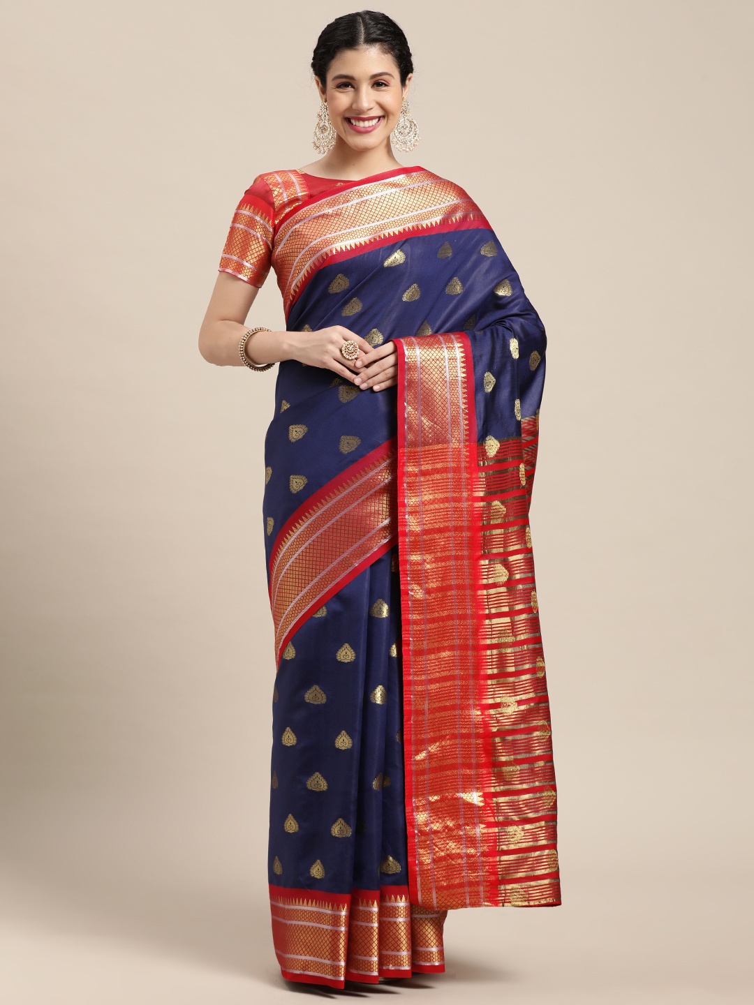 

Mitera Navy Blue & Red Ethnic Motifs Zari Banarasi Saree