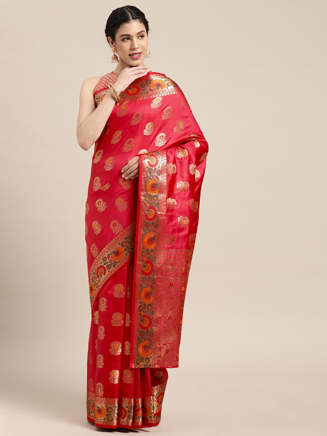 

Mitera Fuchsia & Gold-Toned Floral Zari Banarasi Saree