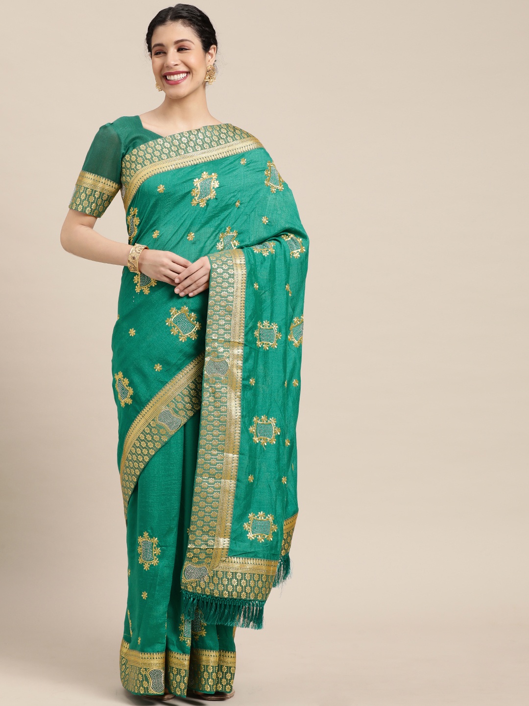 

Mitera Turquoise Blue & Gold-Toned Floral Zari Saree