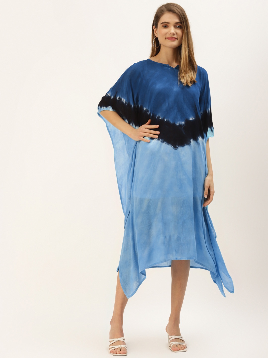 

Maaesa Women Blue & Black Tie and Dye Kaftan Midi Dress