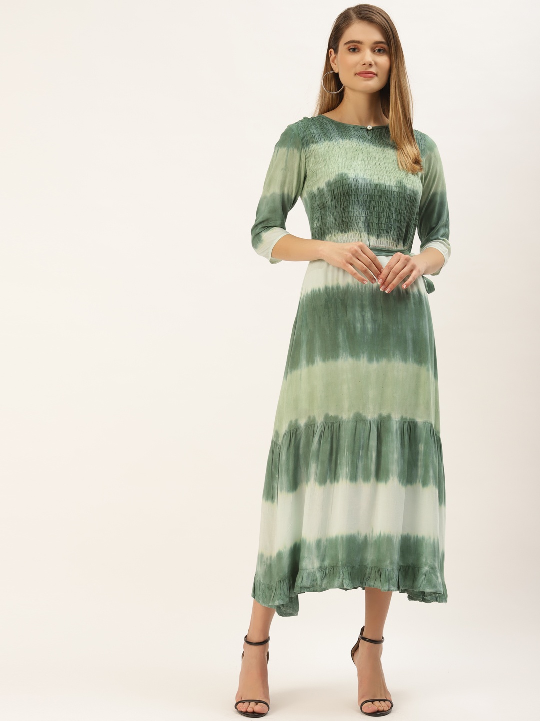 

Maaesa Women Green Tie and Dye Keyhole Neck A-Line Midi Dress