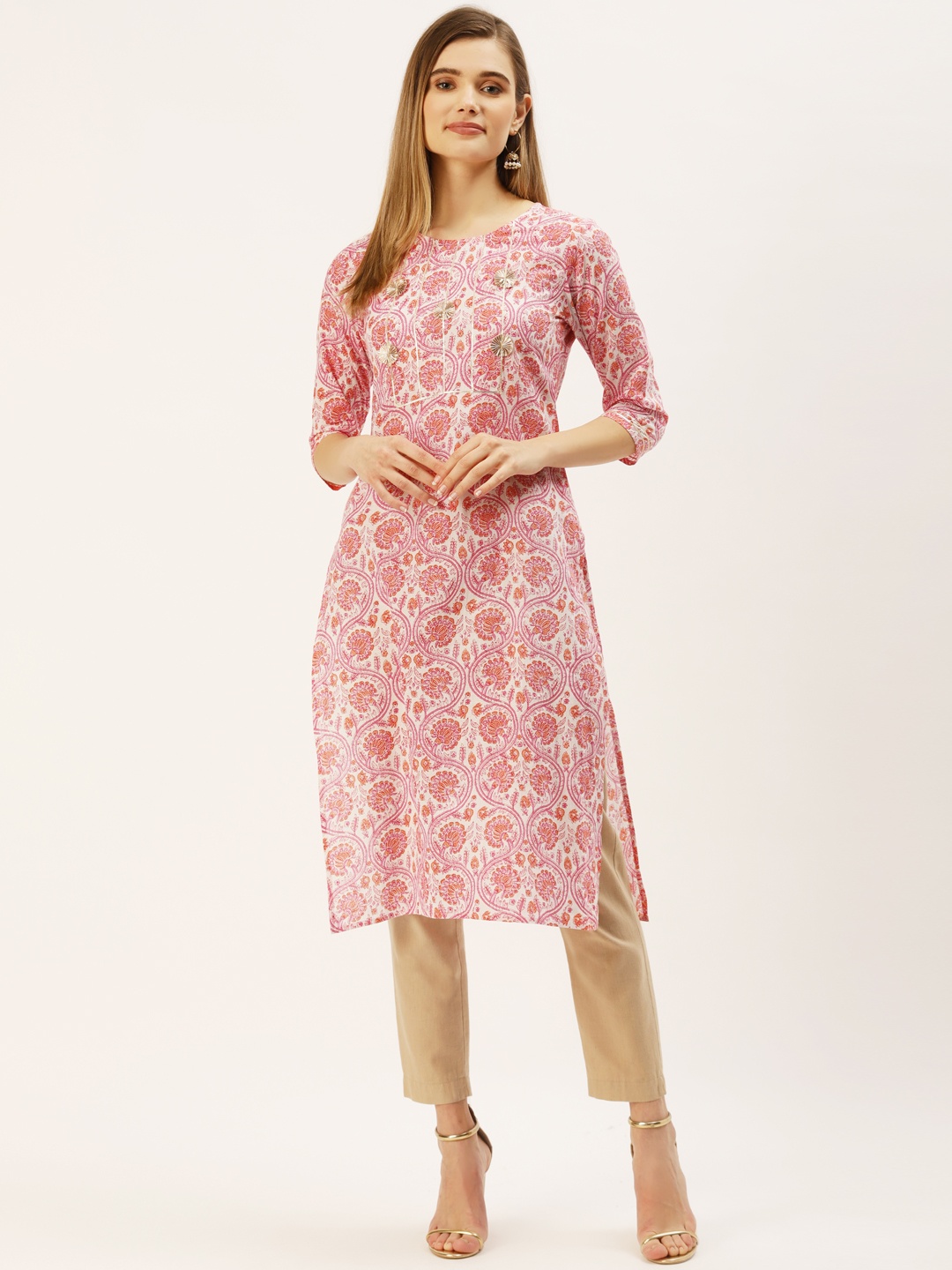 

Maaesa Women White & Pink Pure Cotton Floral Printed Gotta Patti Kurta