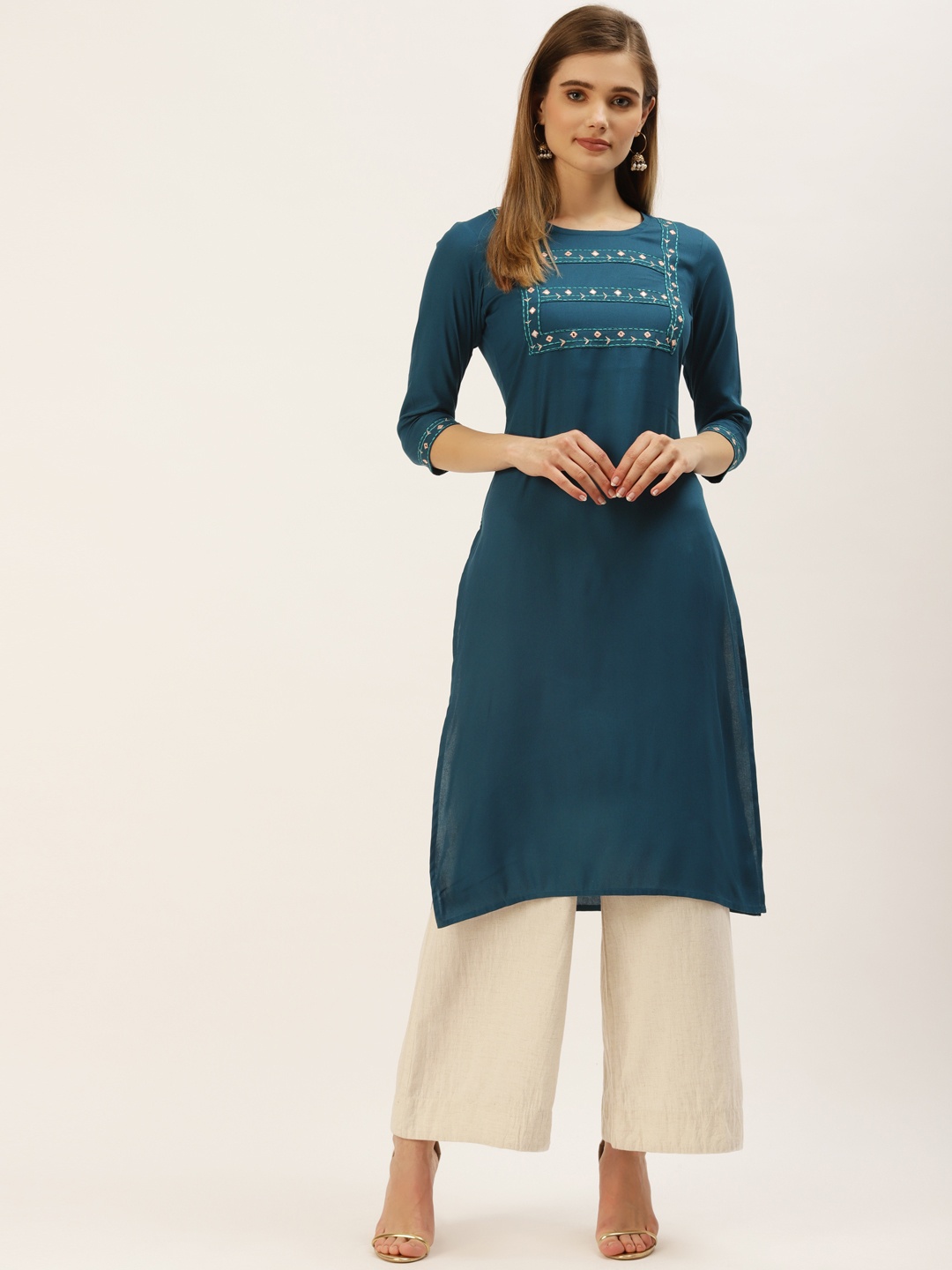 

Maaesa Women Teal Blue Embroidered Mirror Work Kurta