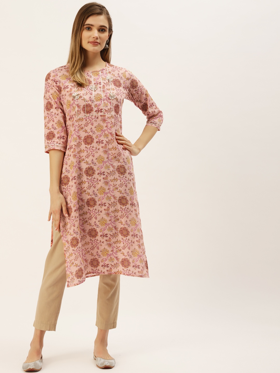 

Maaesa Women Pink & Mustard Yellow Pure Cotton Floral Printed Gotta Patti Kurta