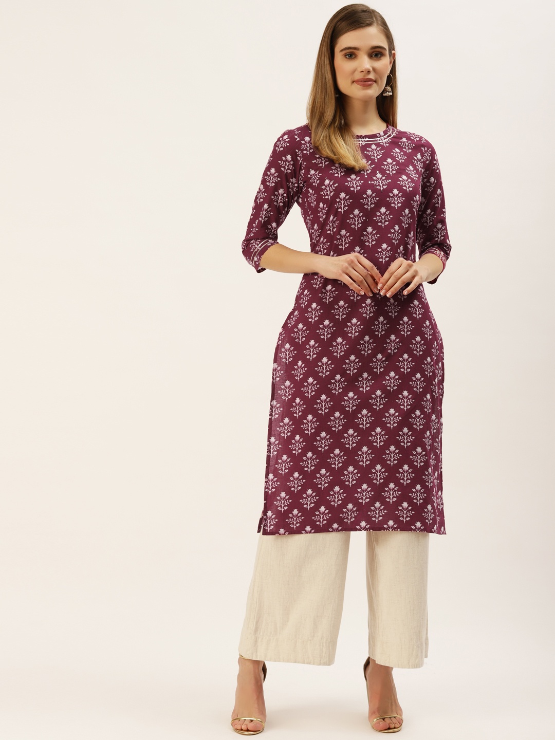 

Maaesa Women Burgundy & White Pure Cotton Floral Printed Kurta