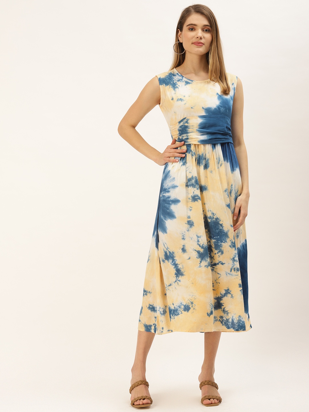 

Maaesa Women Yellow & Blue Tie and Dye A-Line Midi Dress