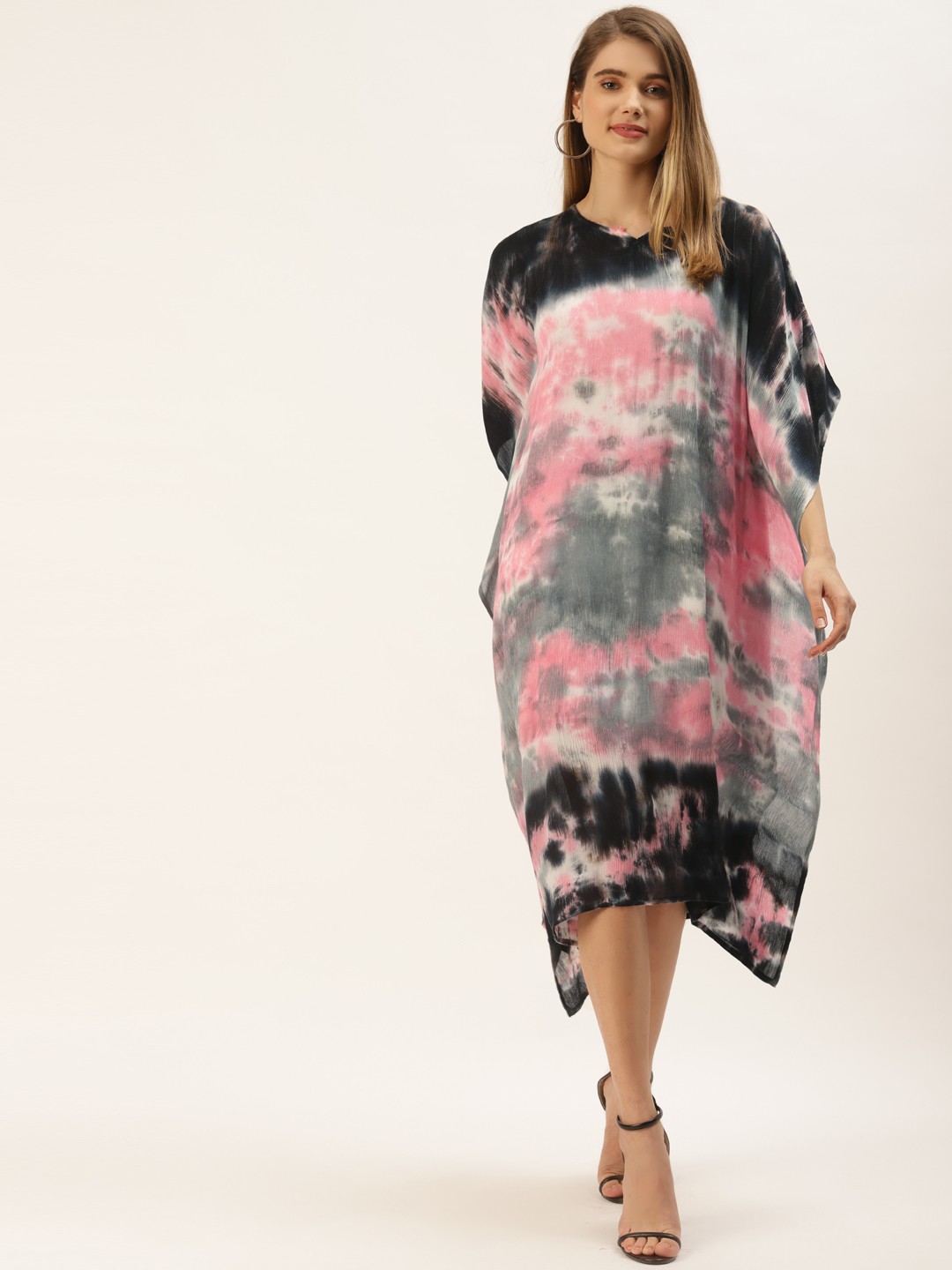 

Maaesa Women Black & Pink Tie and Dye Kaftan Midi Dress