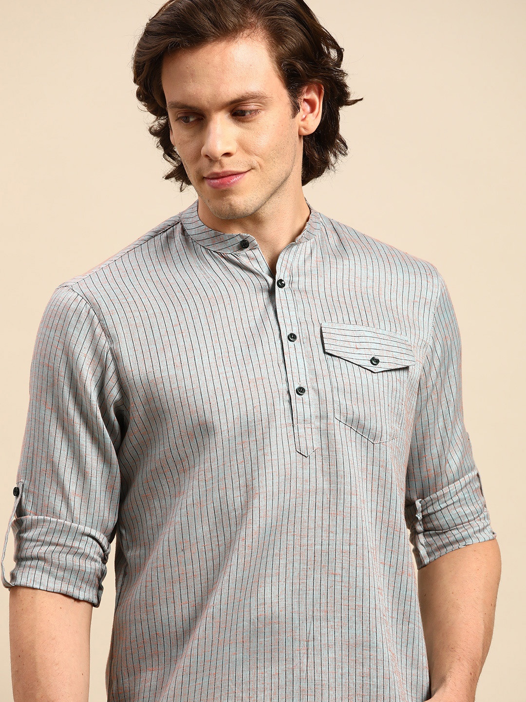 

Anouk Men Blue & Black Woven Design Short Kurta