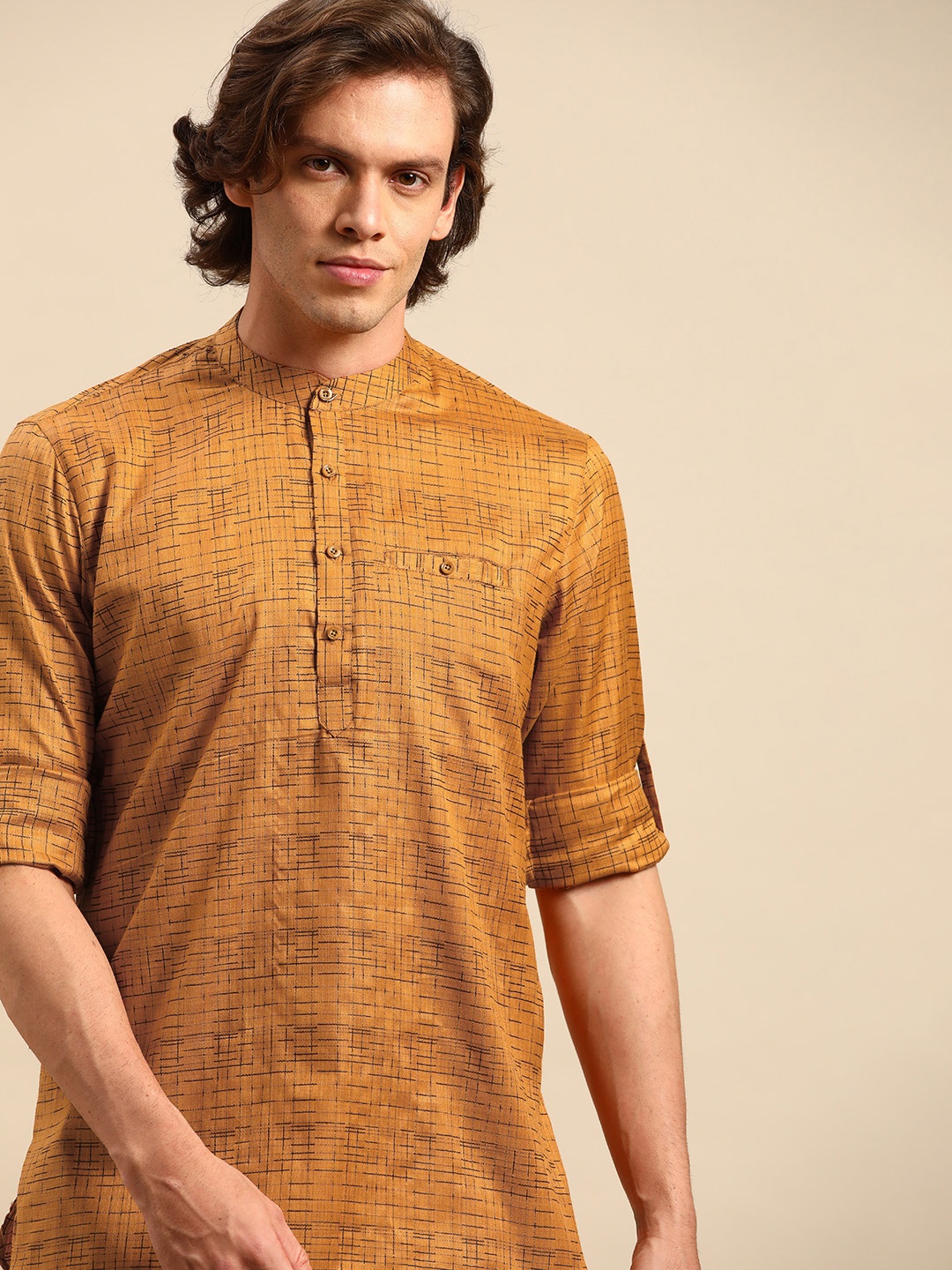 

Anouk Men Mustard Yellow & Black Woven Design Short Kurta