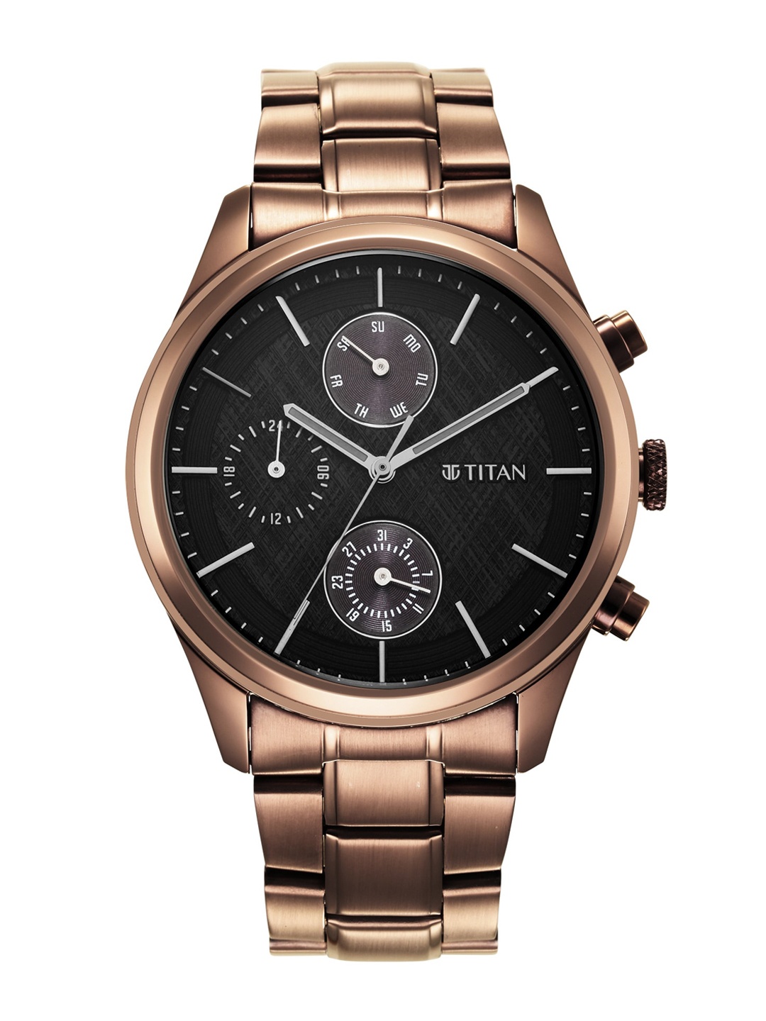 

Titan Men Black Dial & Brown Stainless Steel Straps Analogue Multi Function Watch 1805QM04