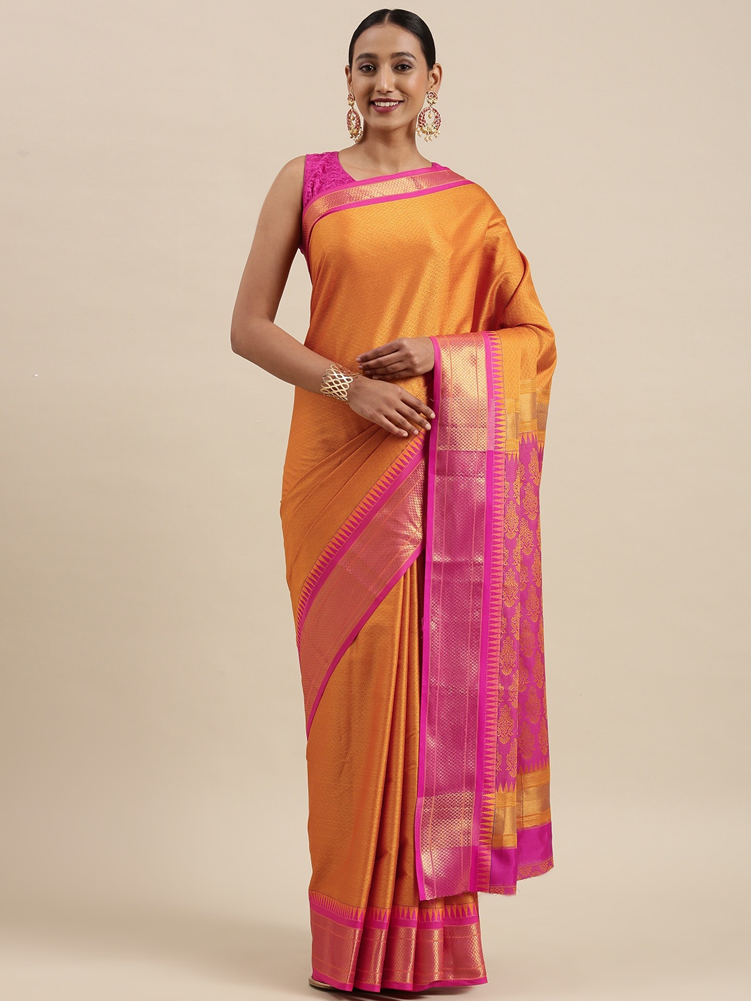 

Mitera Orange & Pink Ethnic Motif Woven Design Saree
