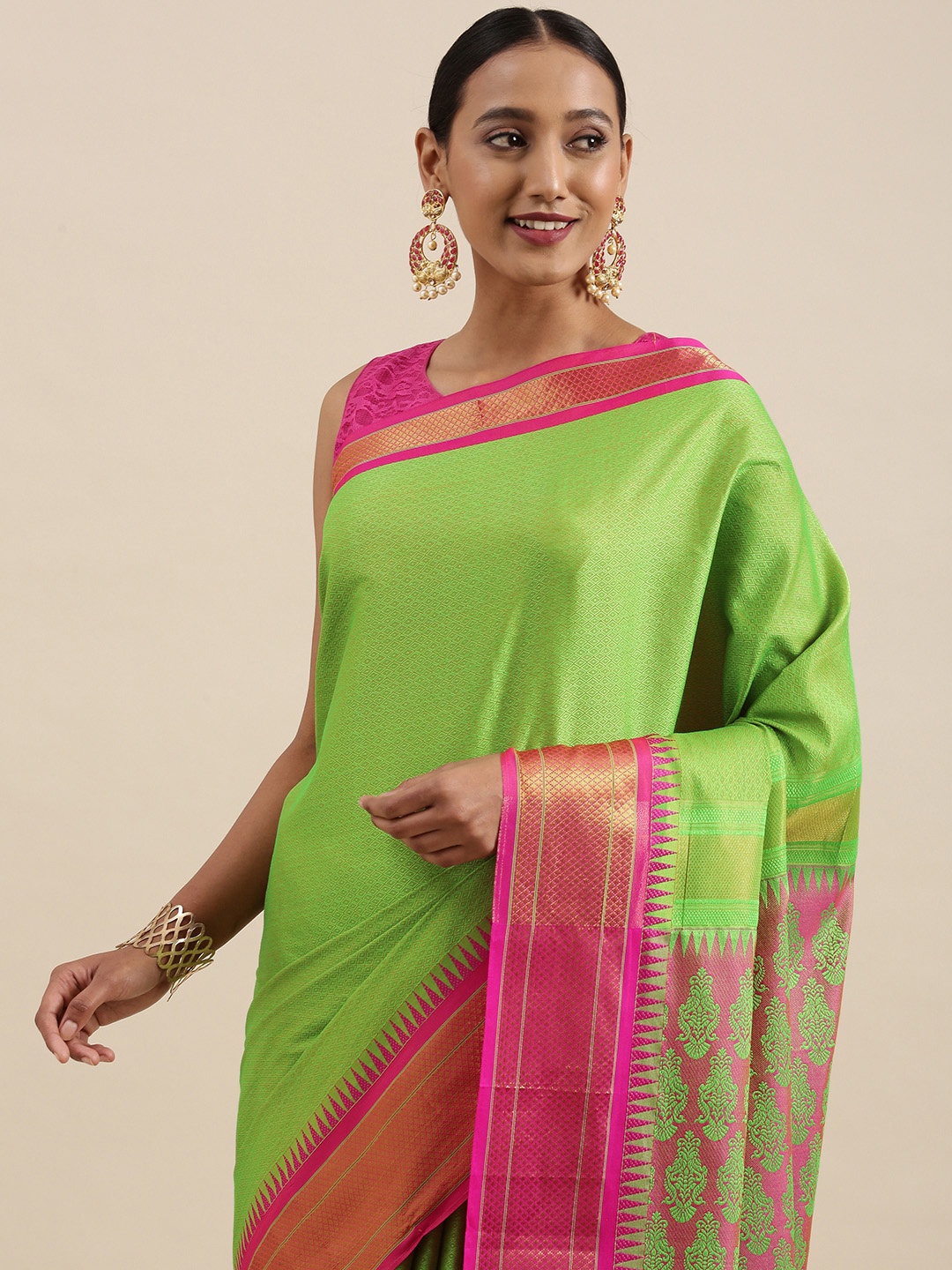

Mitera Lime Green & Pink Ethnic Motifs Woven Design Saree