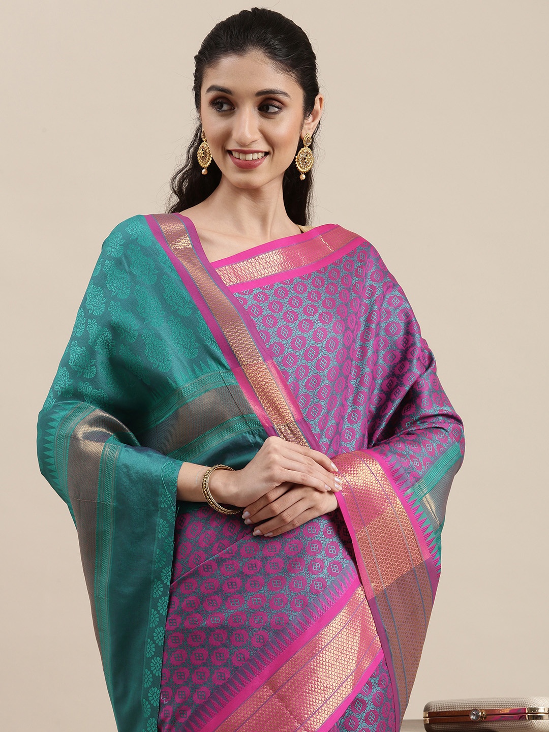 

Mitera Blue & Pink Woven Design Zari Silk Cotton Saree with Contrast Border