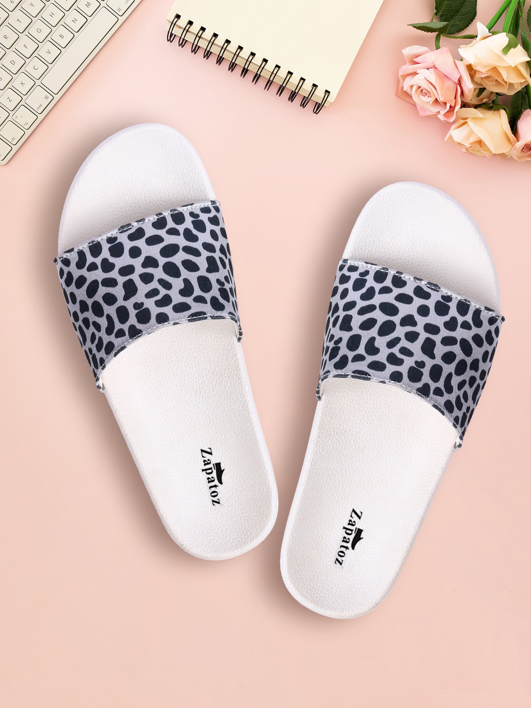 

ZAPATOZ White & Black Printed PU Flatform Mules