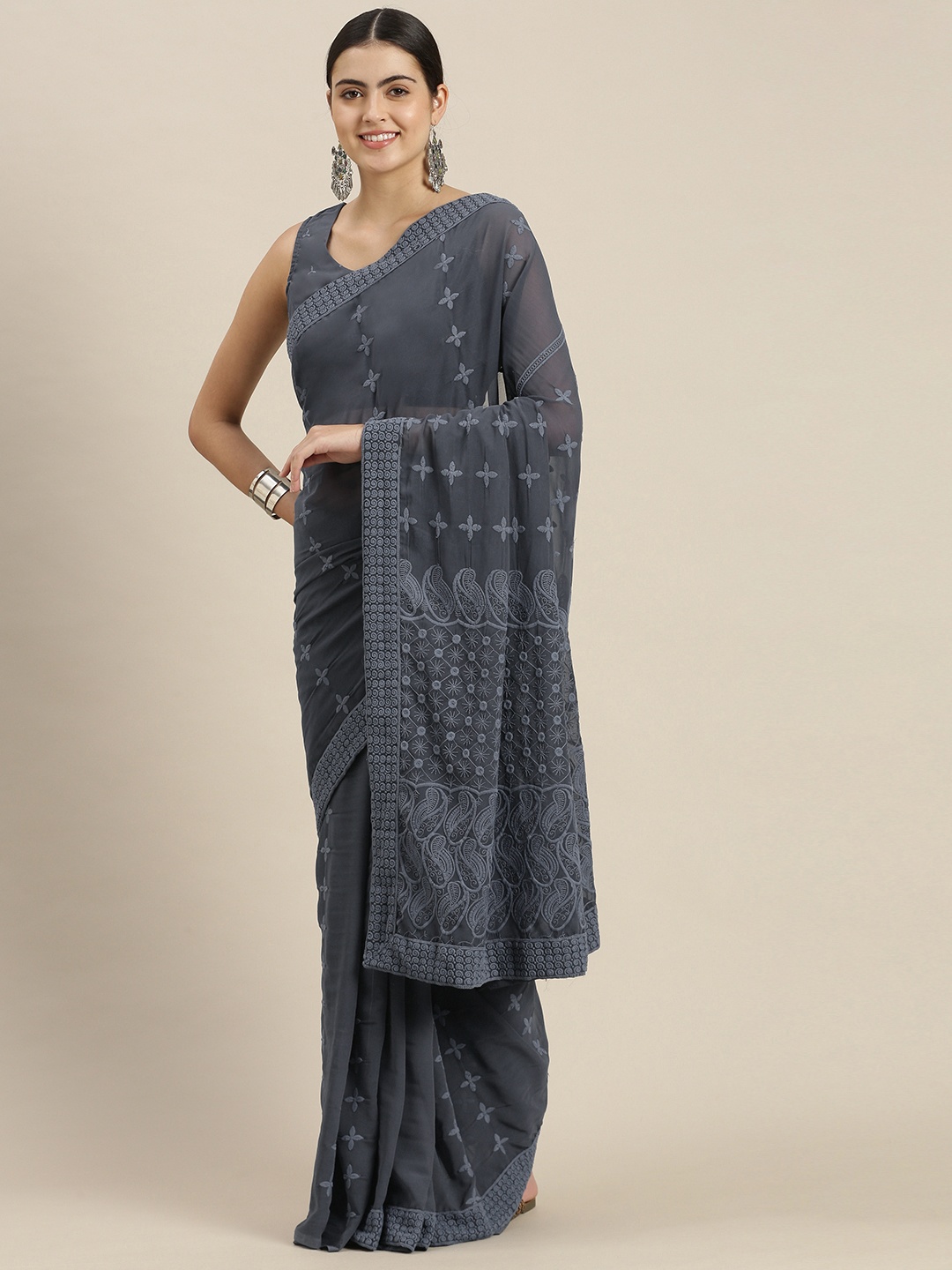 

SWAGG INDIA Grey Ethnic Motifs Chikankari Embroidered Saree