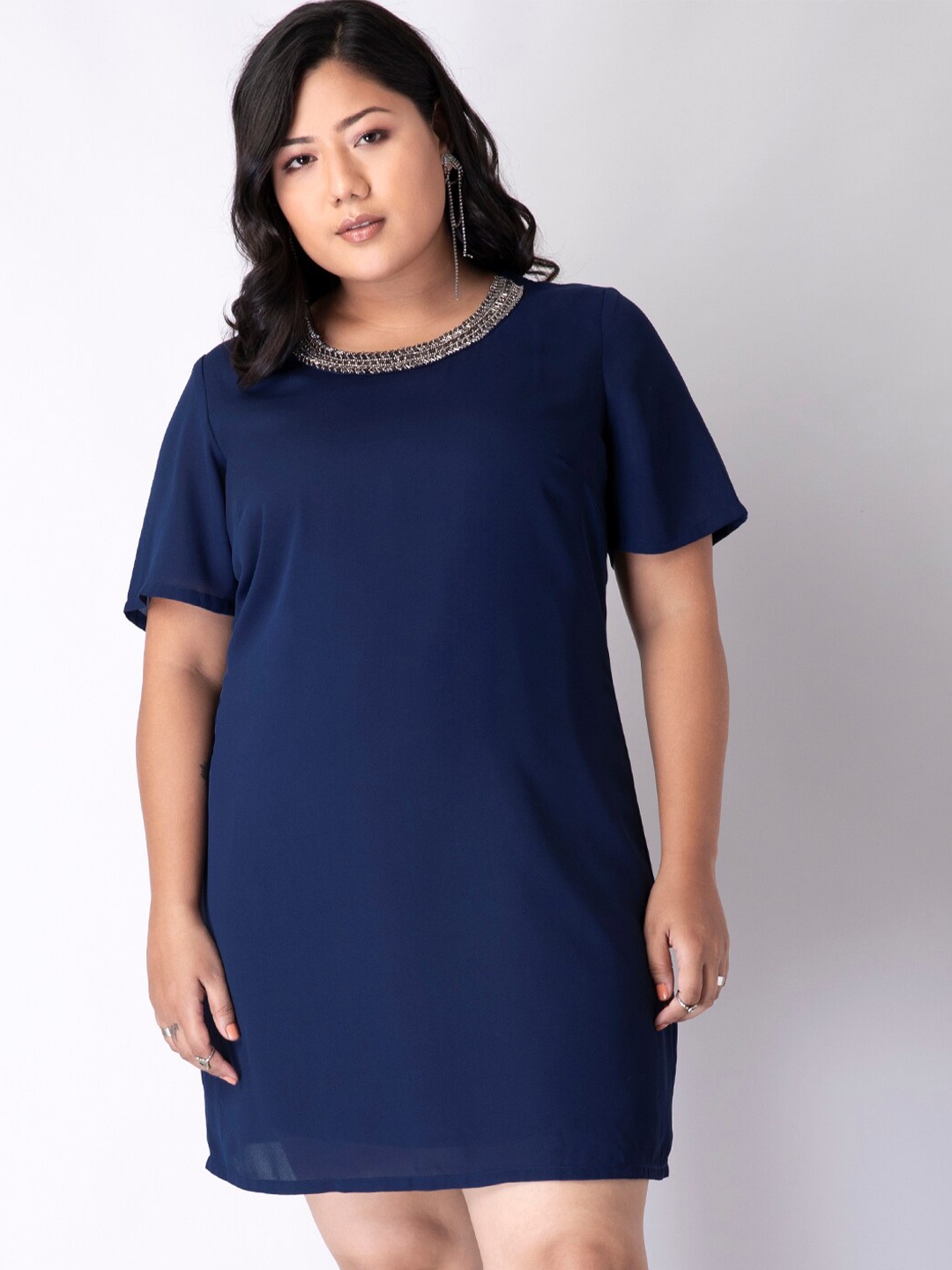 

FabAlley Curve Plus Size Navy Blue Crepe A-Line Dress