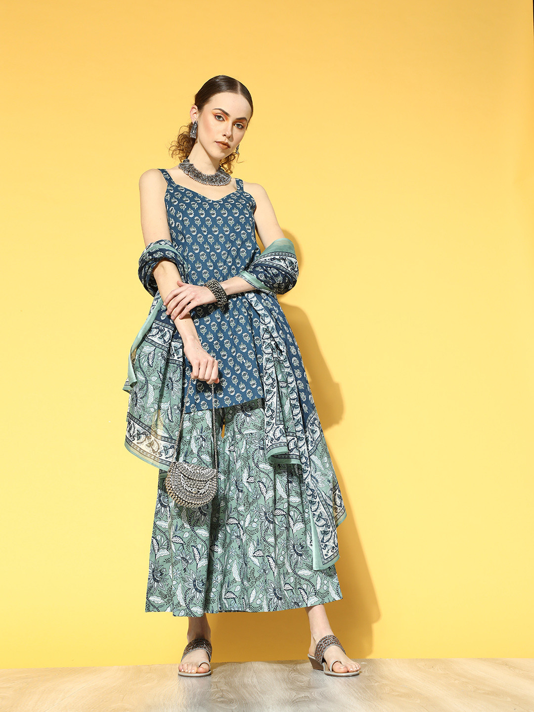 

Yufta Ethnic Motifs Pure Cotton Short Kurti with Sharara, Blue