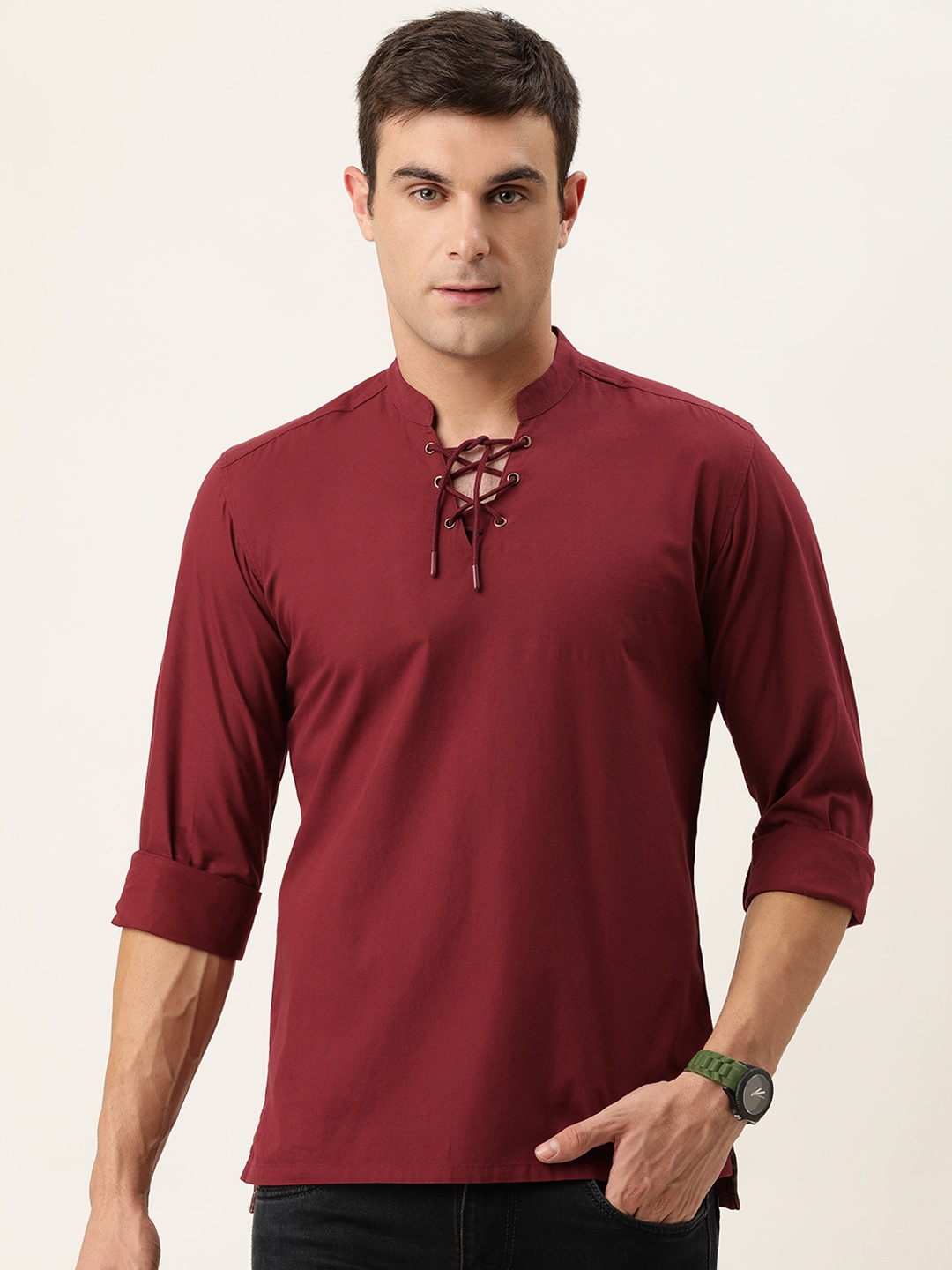 

Bene Kleed Men Maroon Solid Cotton Kurta