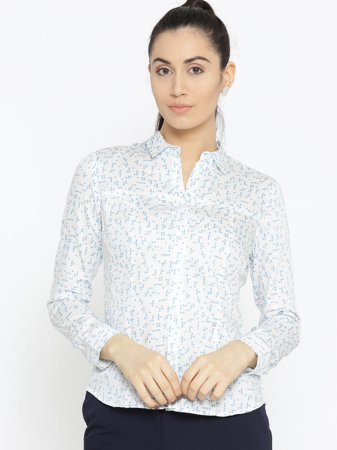 

Wills Lifestyle Women White & Blue Printed Formal Shirt