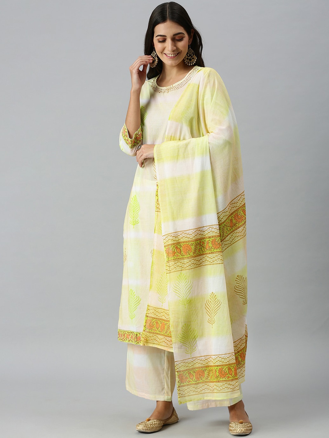 

SHOWOFF Women Yellow Printed Kurta with Palazzos & With Dupatta