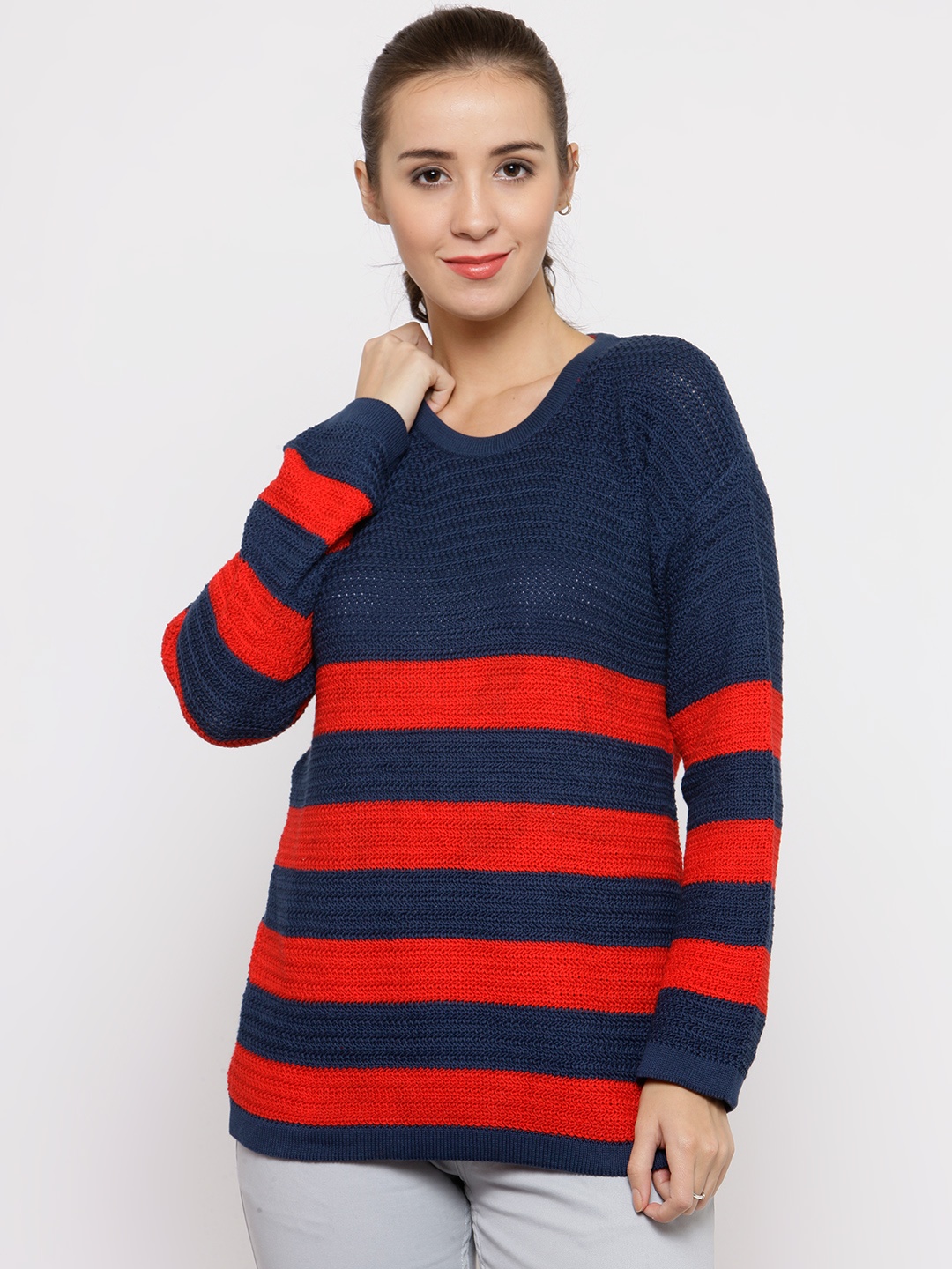 

Wills Lifestyle Women Navy Blue & Red Striped Sweater