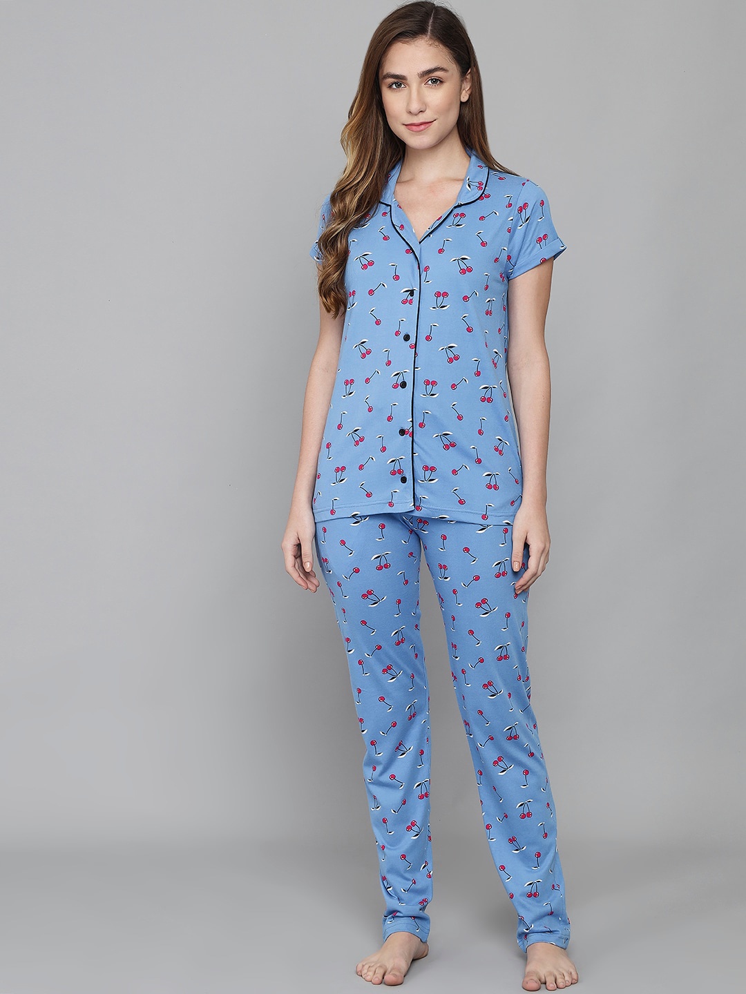 

ANTI CULTURE Women Blue & Pink Printed Pure Cotton Night Suit