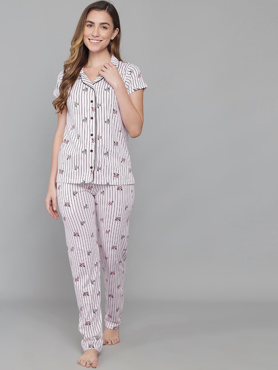 

ANTI CULTURE Women White & Brown Striped Cotton Night suit