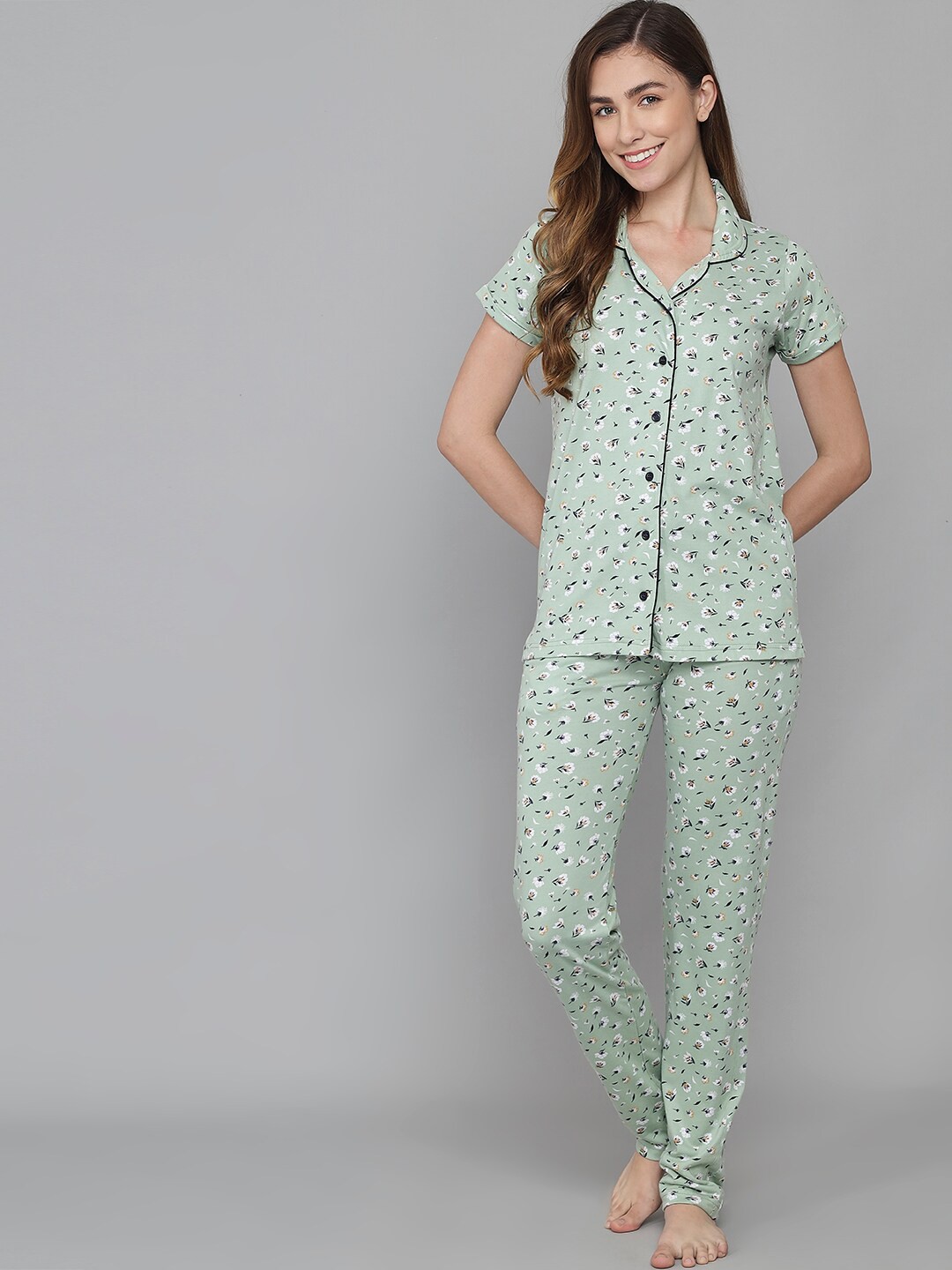 

ANTI CULTURE Women Cotton Mint Green & White Floral Printed Night suit
