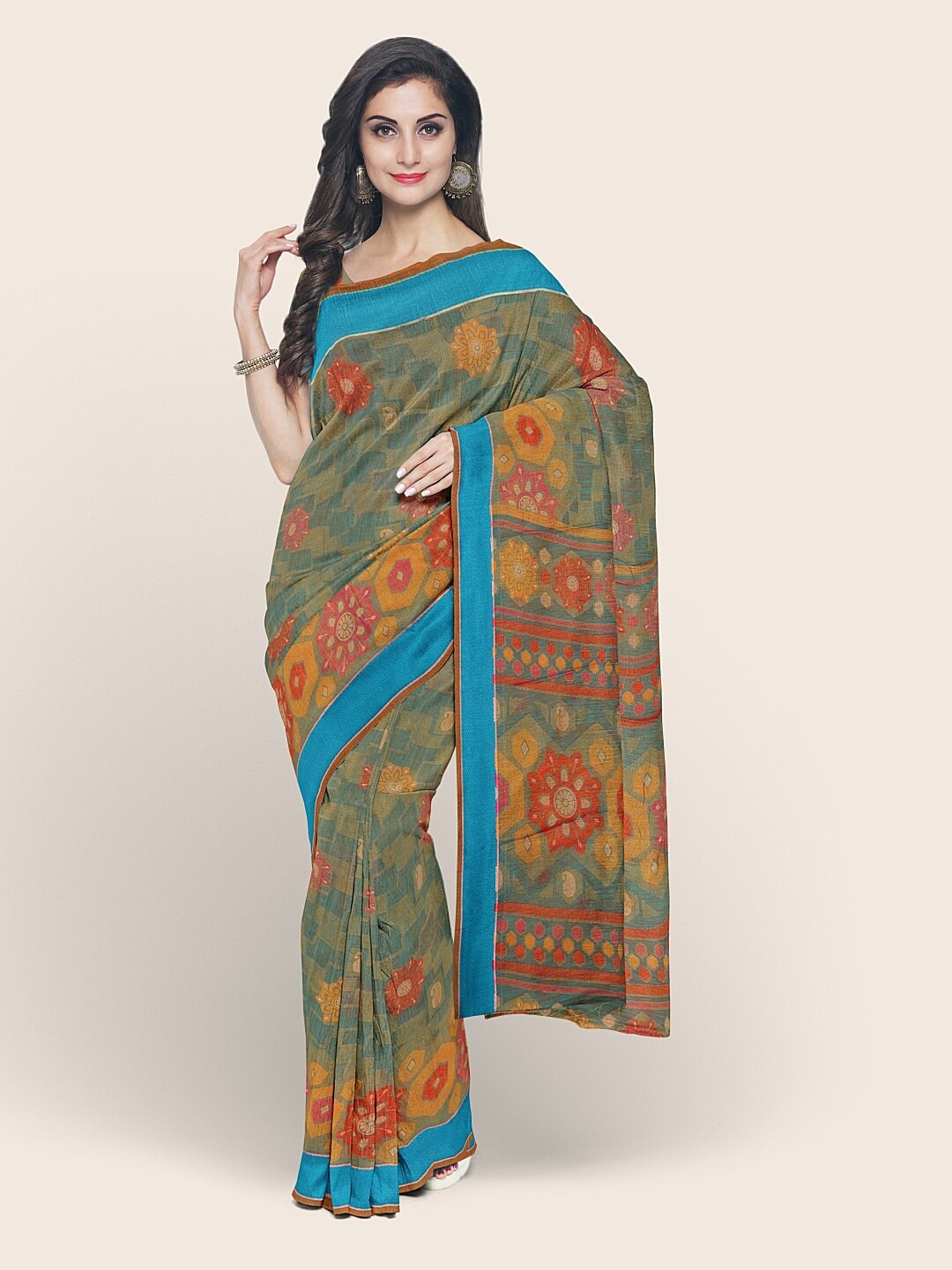 

Pothys Green Floral Printed Poly Chiffon Saree