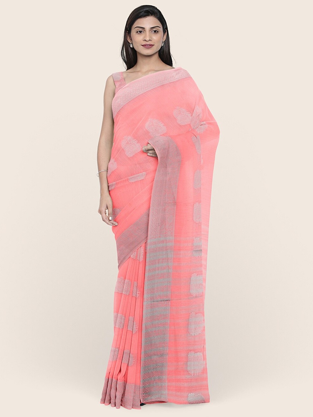 

Pothys Pink & Silver-Toned Ethnic Motifs Zari Saree
