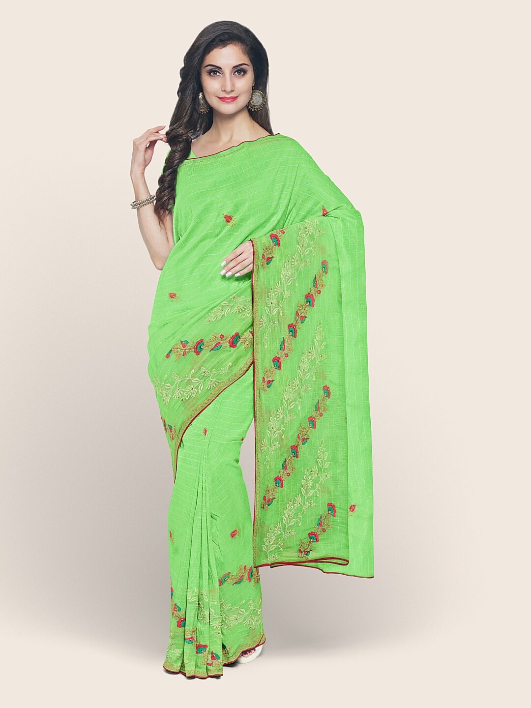 

Pothys Green & Red Floral Saree