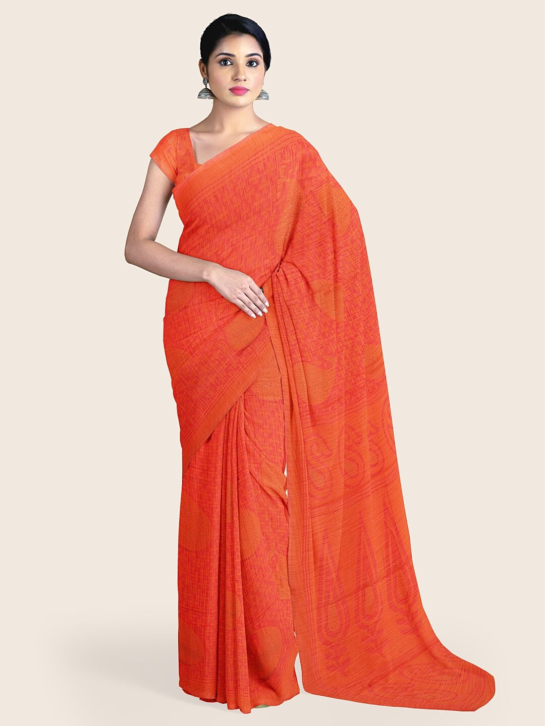 

Pothys Orange & Magenta Floral Zari Saree