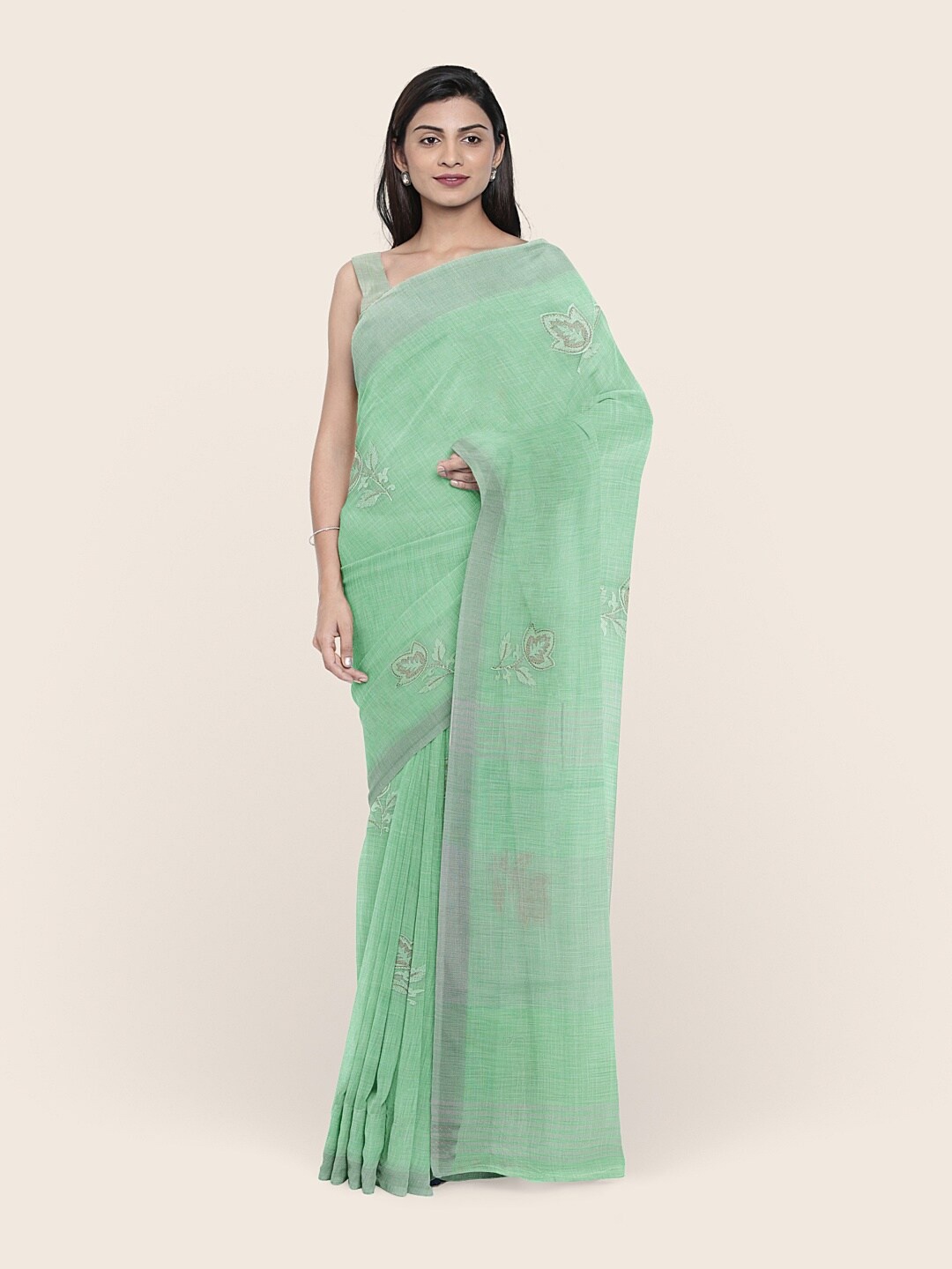 

Pothys Green & Silver-Toned Floral Beads and Stones Linen Blend Saree