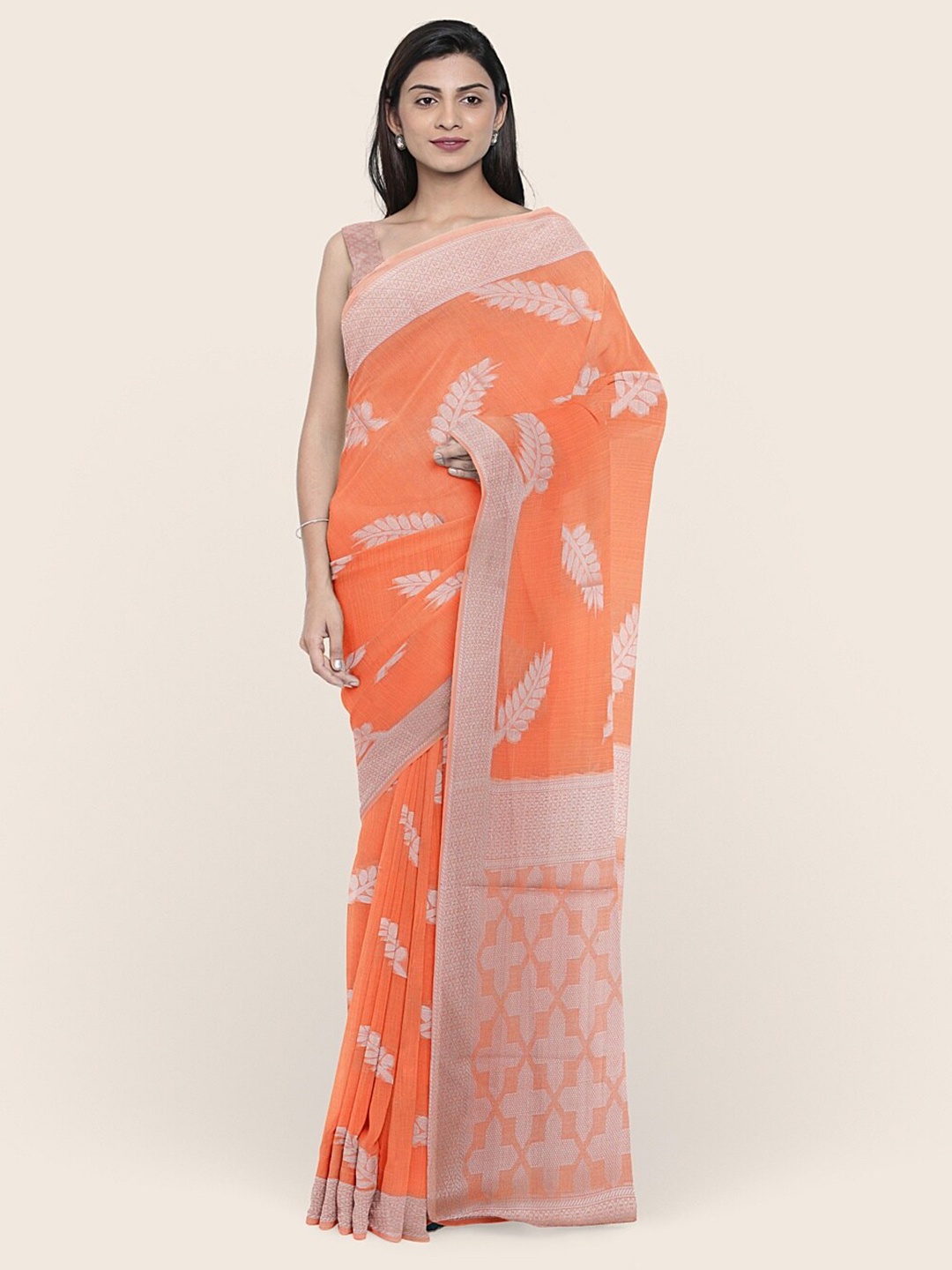 

Pothys Peach-Coloured & Silver-Toned Woven Design Zari Saree