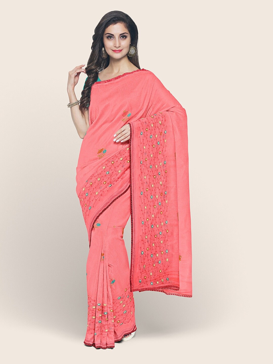 

Pothys Pink & Blue Floral Embroidered Saree