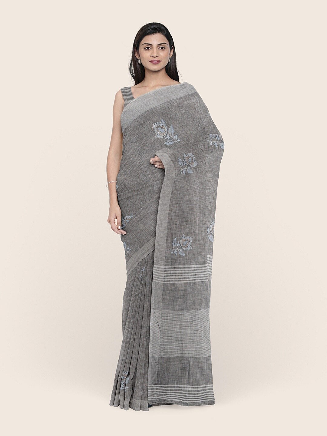 

Pothys Grey Floral Linen Blend Saree