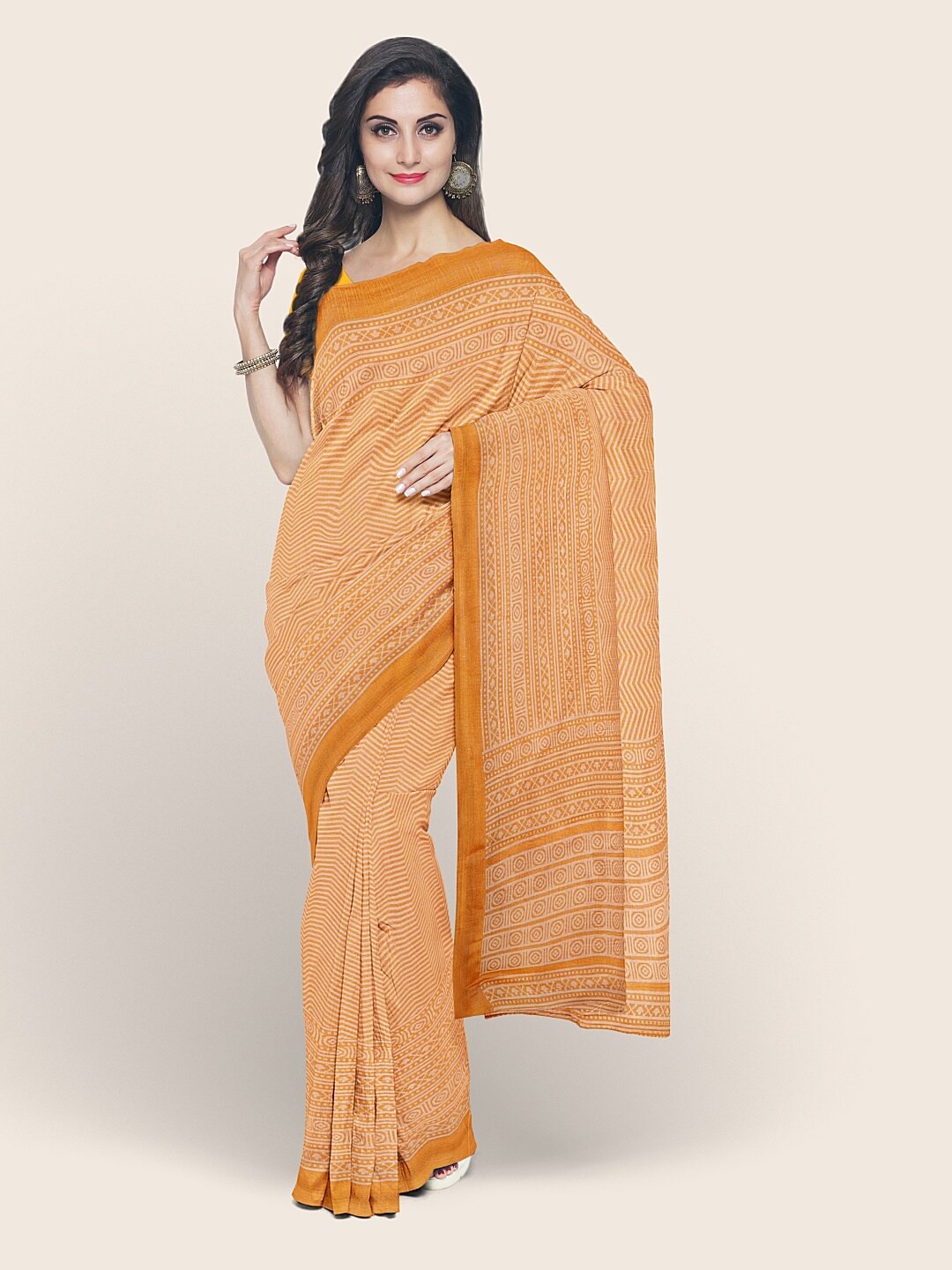 

Pothys Beige & Orange Geometric Printed Saree