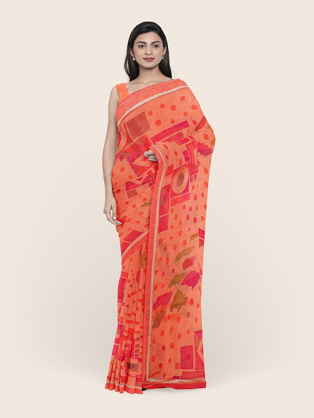 

Pothys Peach-Coloured & Pink Printed Chiffon Saree